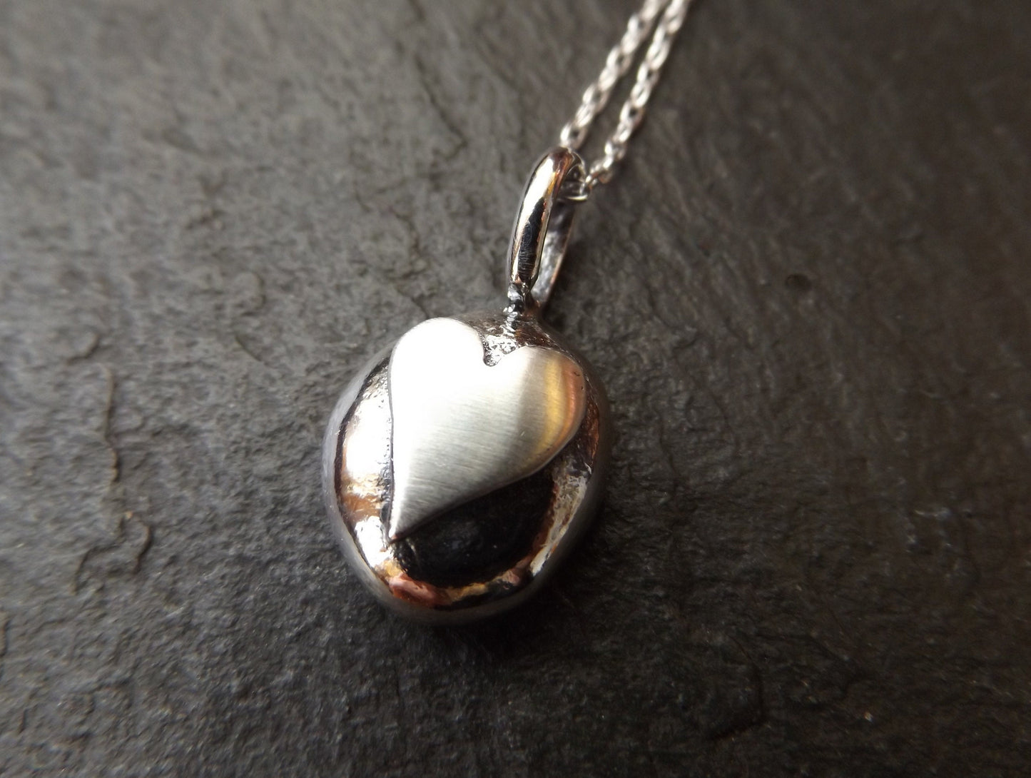 Silver pebble necklace with brushed silver  heart , mixed texture silver heart necklace