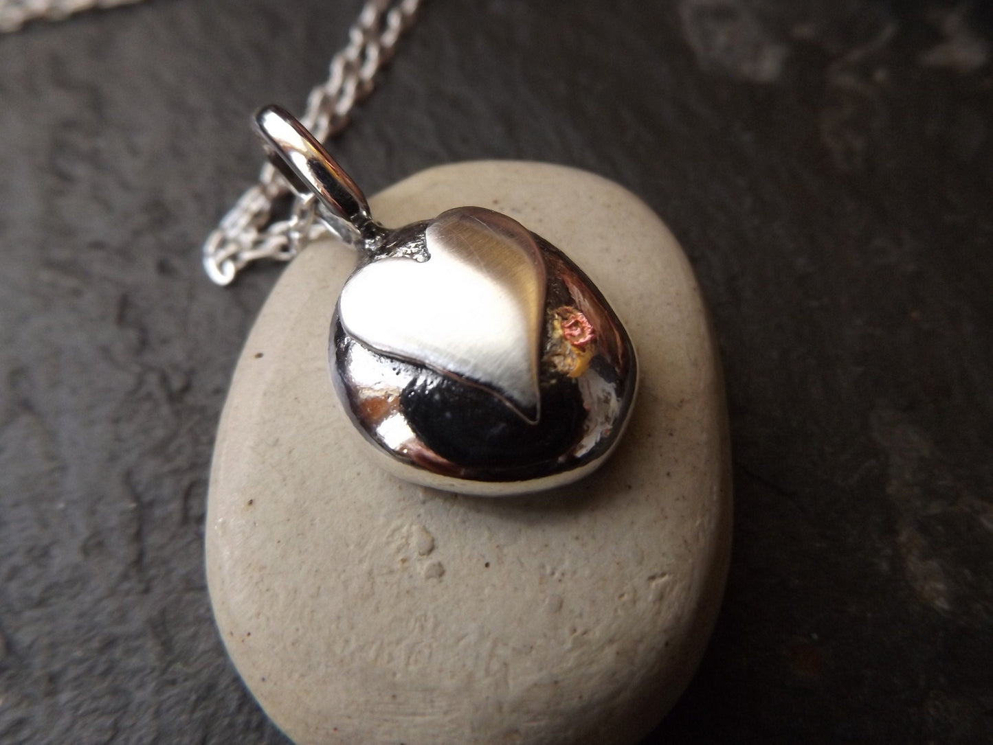 Silver pebble necklace with brushed silver  heart , mixed texture silver heart necklace