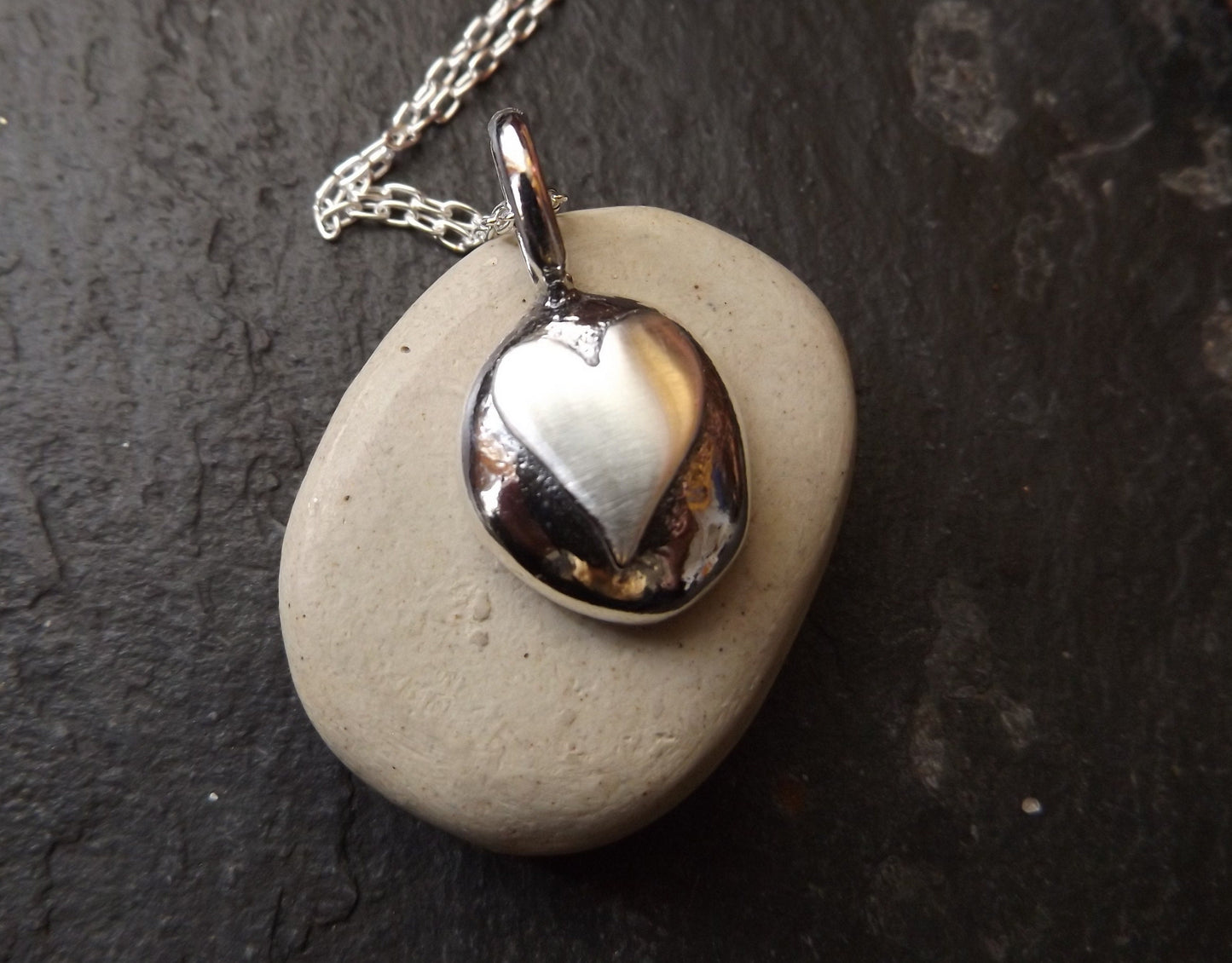 Silver pebble necklace with brushed silver  heart , mixed texture silver heart necklace