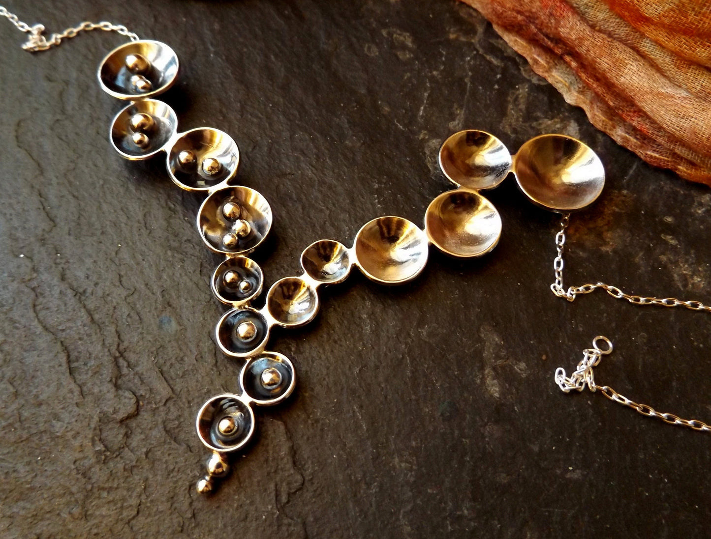 Silver statement circles and silver balls necklace , bib necklace with domed circles ,oxidized