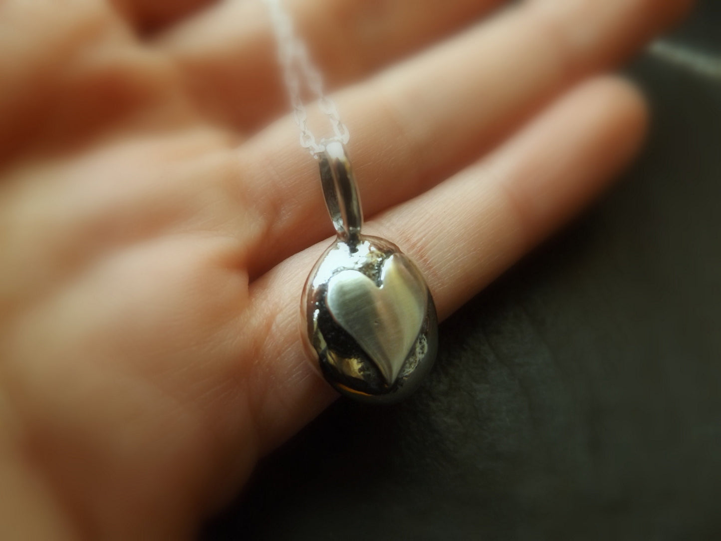 Silver pebble necklace with brushed silver  heart , mixed texture silver heart necklace
