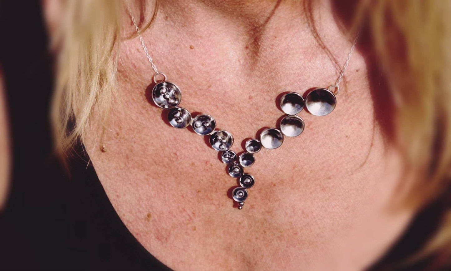 Silver statement circles and silver balls necklace , bib necklace with domed circles ,oxidized