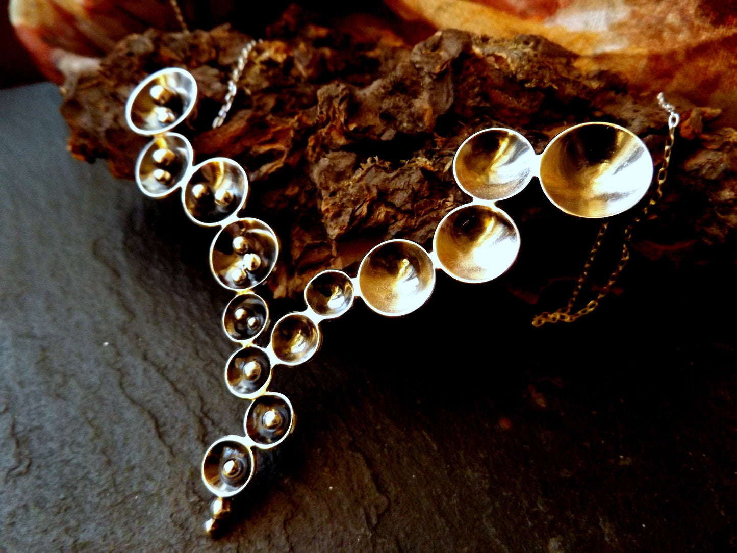 Silver statement circles and silver balls necklace , bib necklace with domed circles ,oxidized