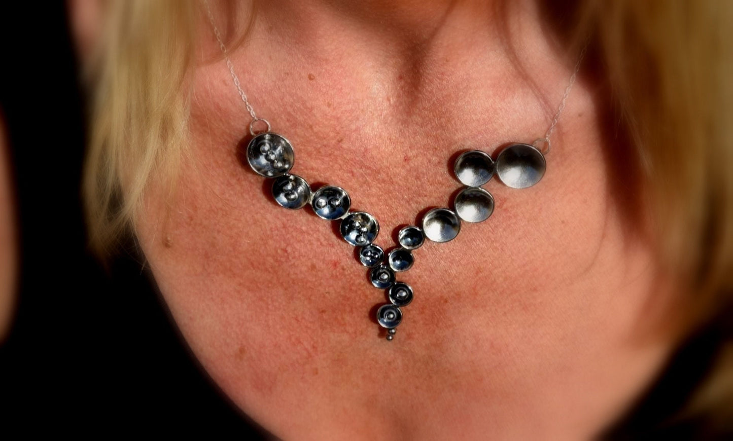 Silver statement circles and silver balls necklace , bib necklace with domed circles ,oxidized