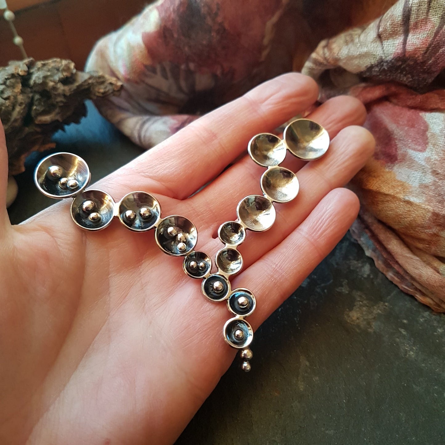 Silver statement circles and silver balls necklace , bib necklace with domed circles ,oxidized