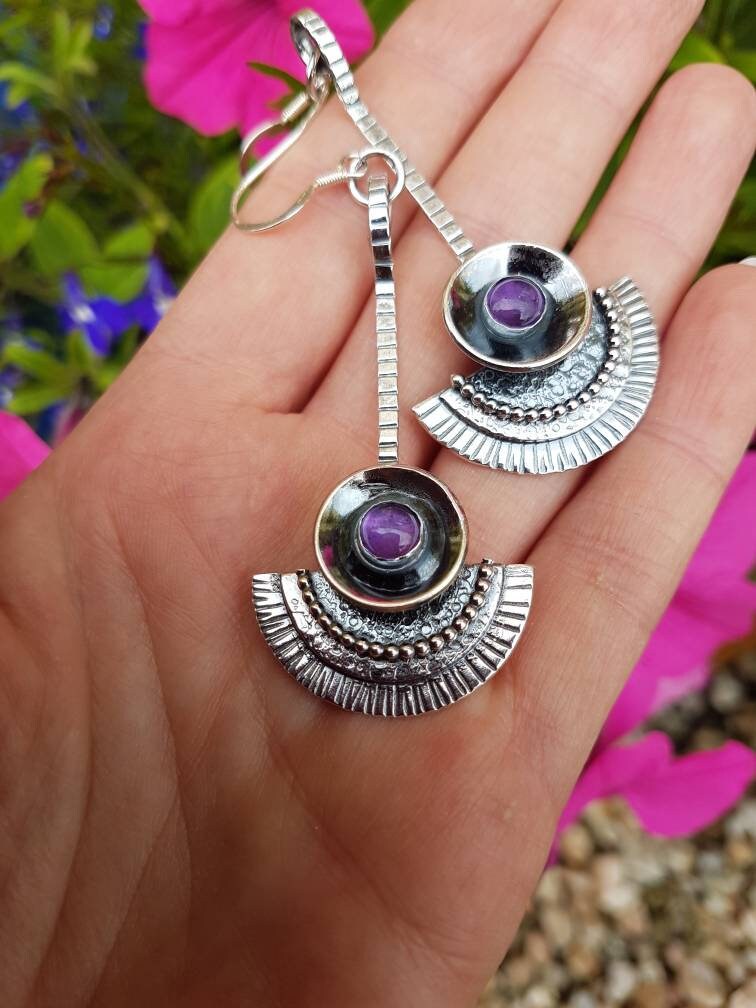 Silver Amethyst Dangle drop tribal style earrings with texture and patina