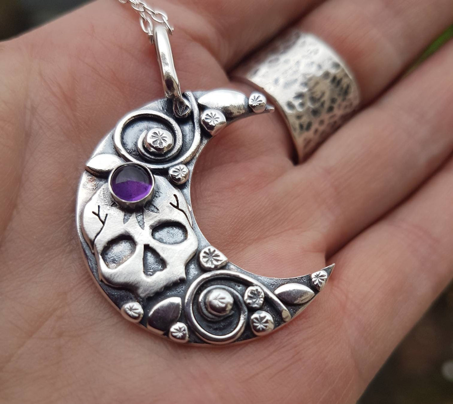 Silver skull and moon necklace with Amethyst and leaves and  flowers , day of the dead style pendant