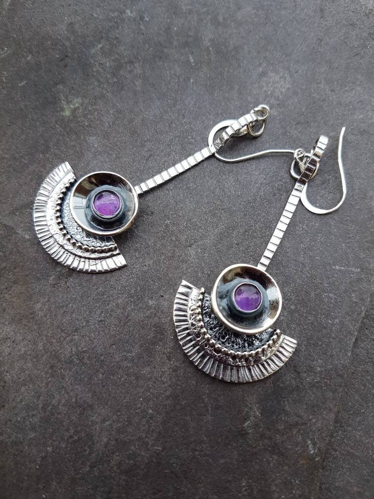 Silver Amethyst Dangle drop tribal style earrings with texture and patina