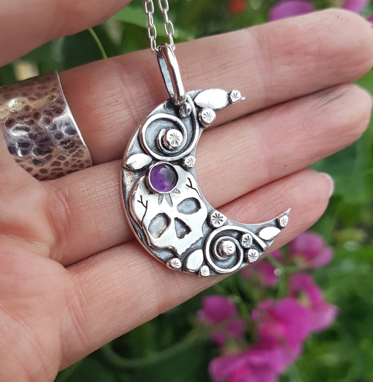 Silver skull and moon necklace with Amethyst and leaves and  flowers , day of the dead style pendant