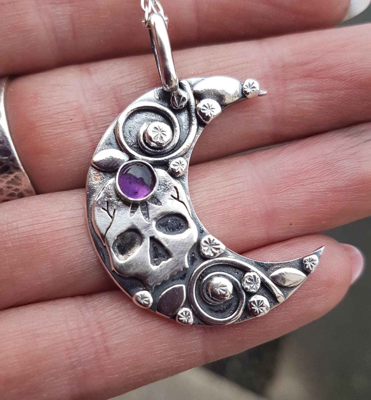 Silver skull and moon necklace with Amethyst and leaves and  flowers , day of the dead style pendant