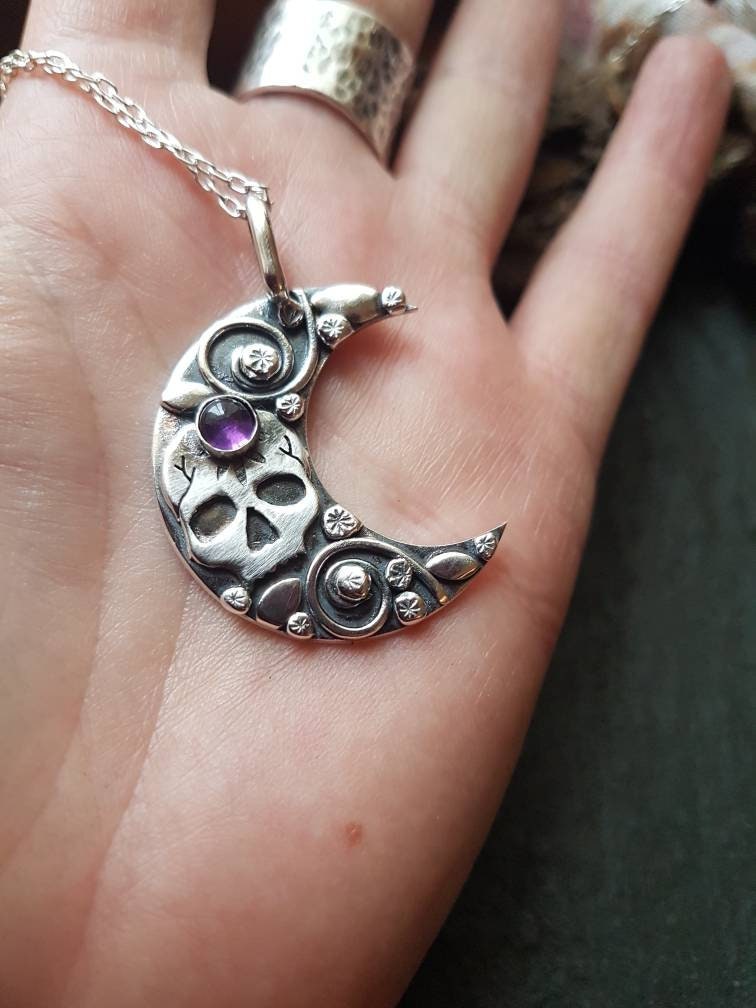 Silver skull and moon necklace with Amethyst and leaves and  flowers , day of the dead style pendant