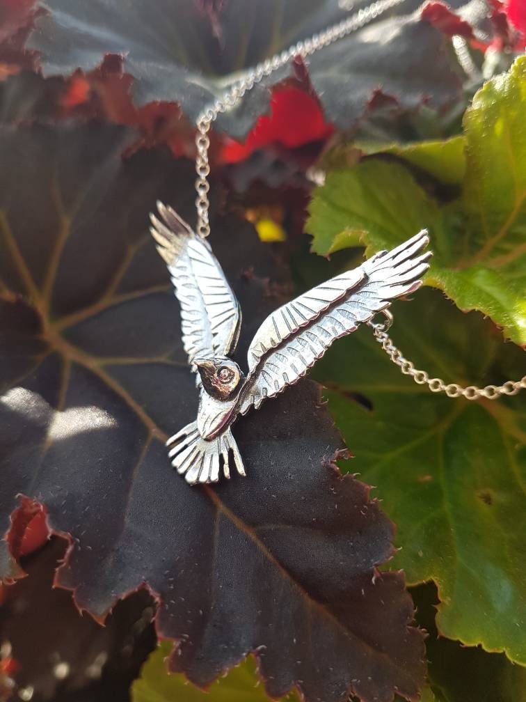 Silver raven necklace, flying sterling raven necklace with textured details