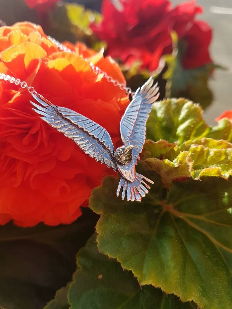 Silver raven necklace, flying sterling raven necklace with textured details