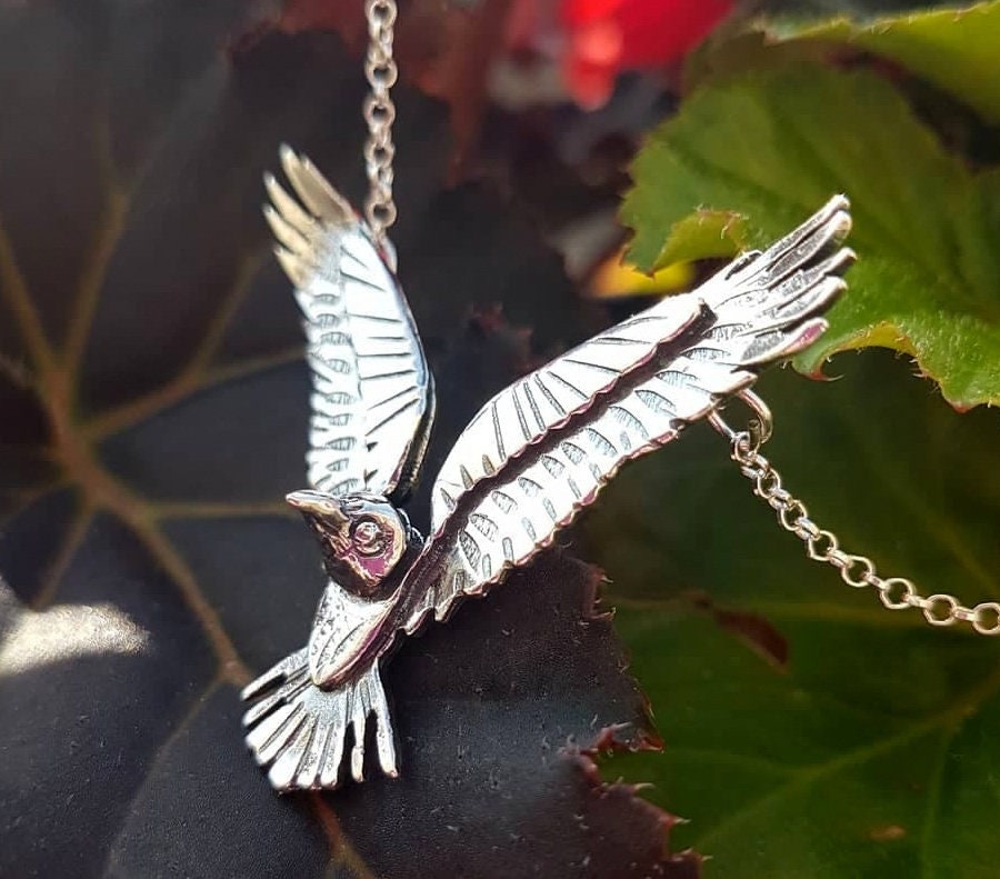 Silver raven necklace, flying sterling raven necklace with textured details