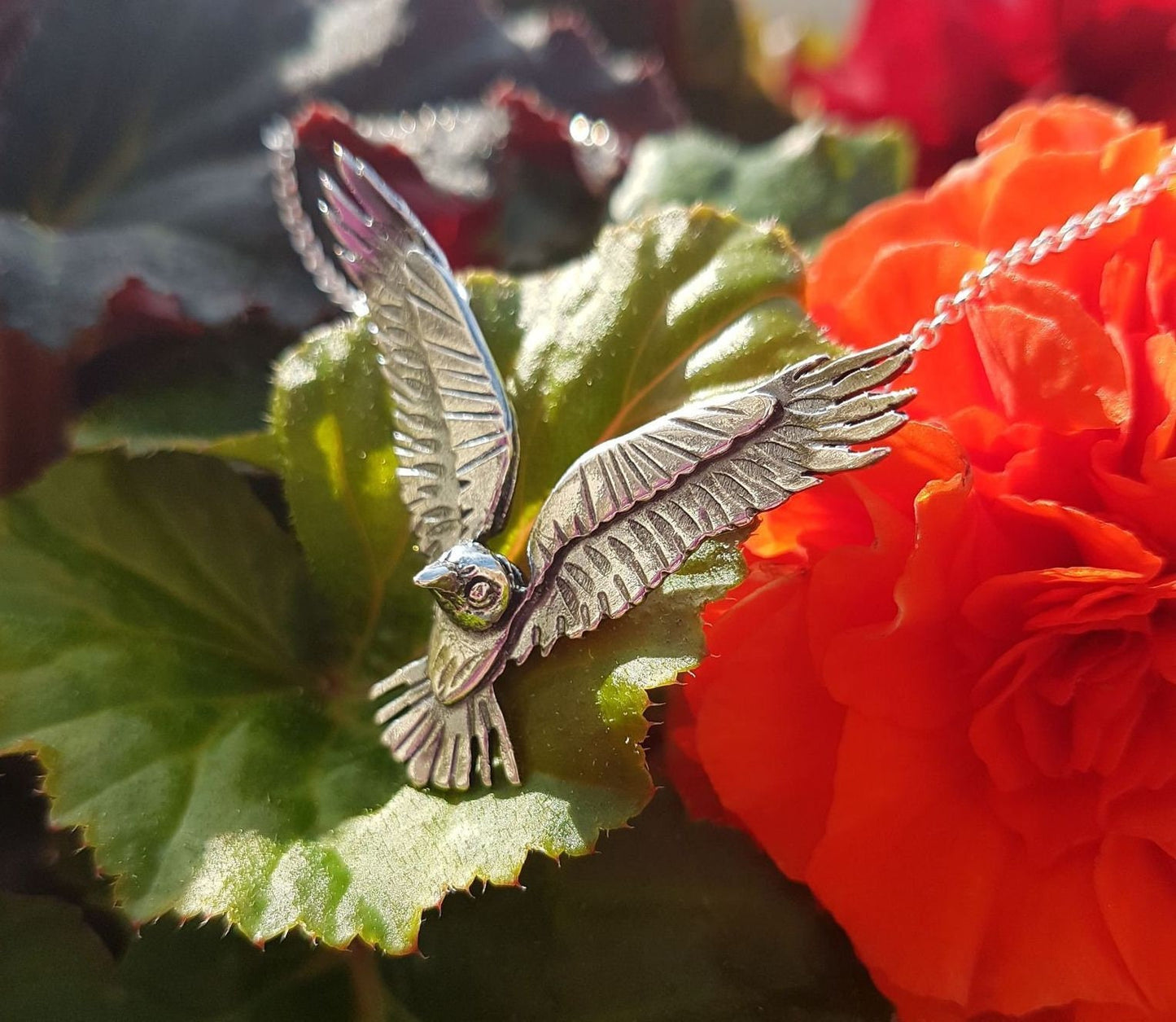 Silver raven necklace, flying sterling raven necklace with textured details