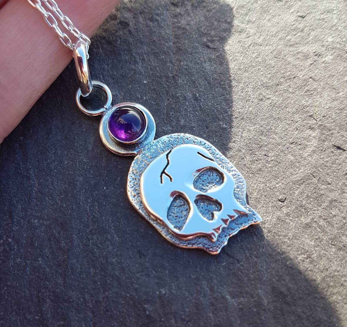 Silver Skull Necklace with textured layers and amethyst Sterling Skull pendant with silver chain