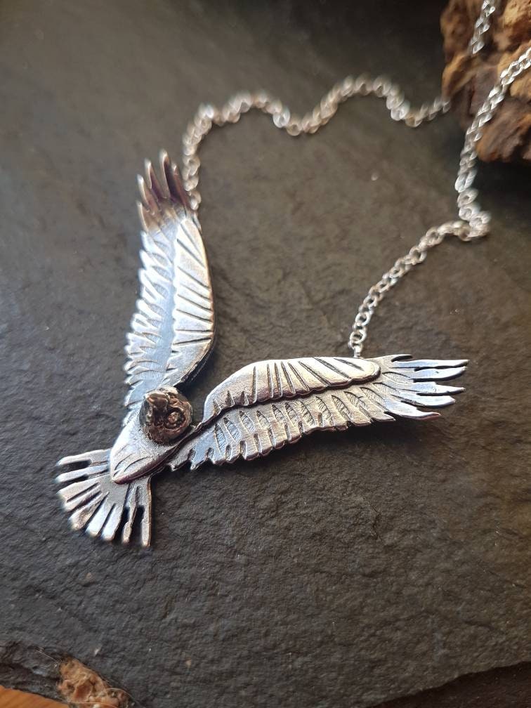 Silver raven necklace, flying sterling raven necklace with textured details