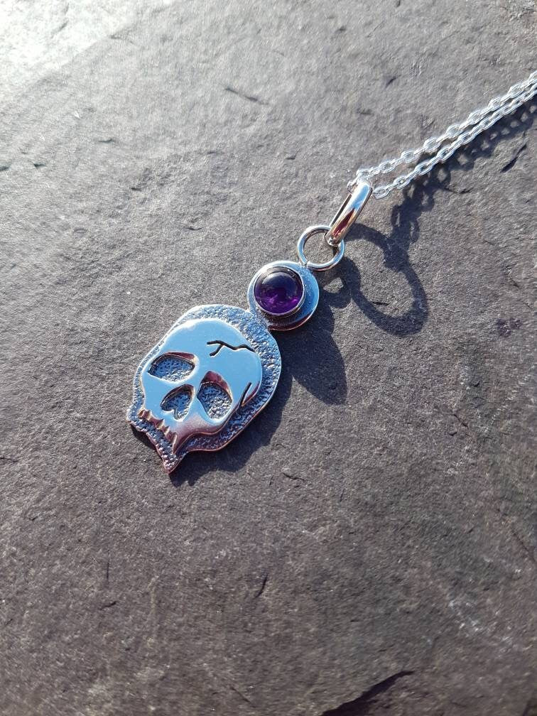 Silver Skull Necklace with textured layers and amethyst Sterling Skull pendant with silver chain
