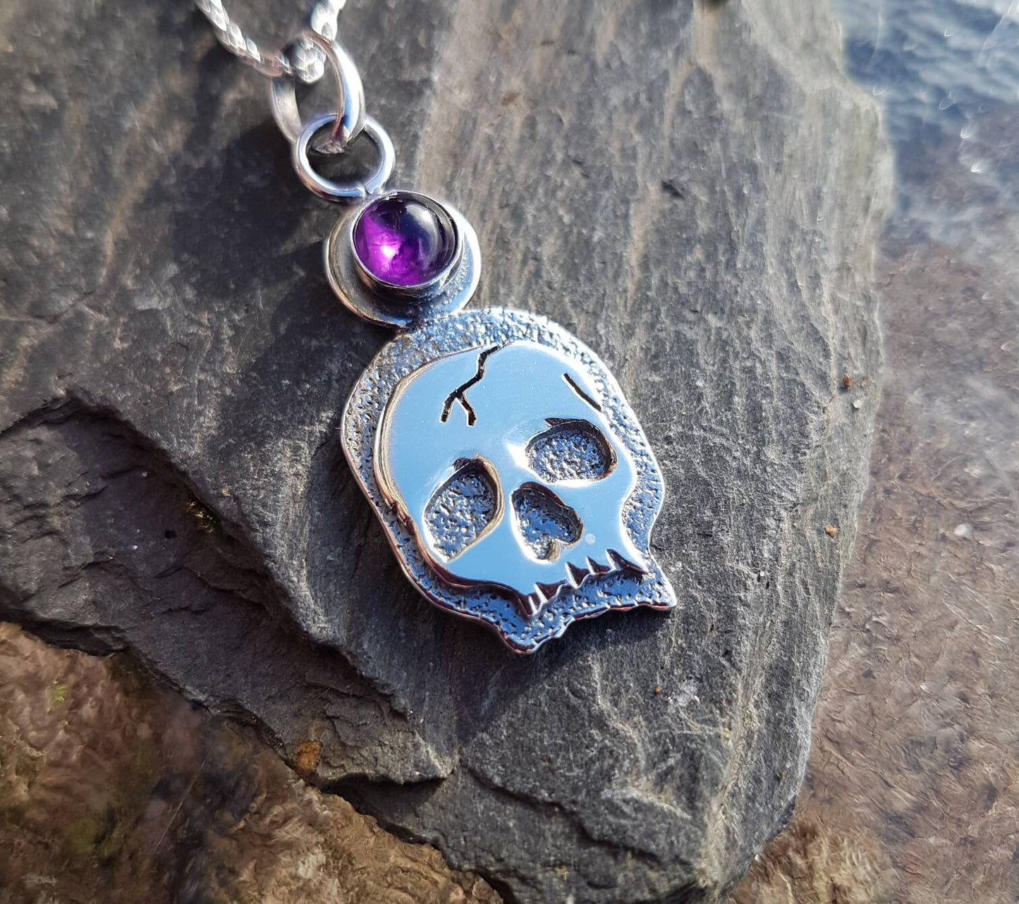 Silver Skull Necklace with textured layers and amethyst Sterling Skull pendant with silver chain