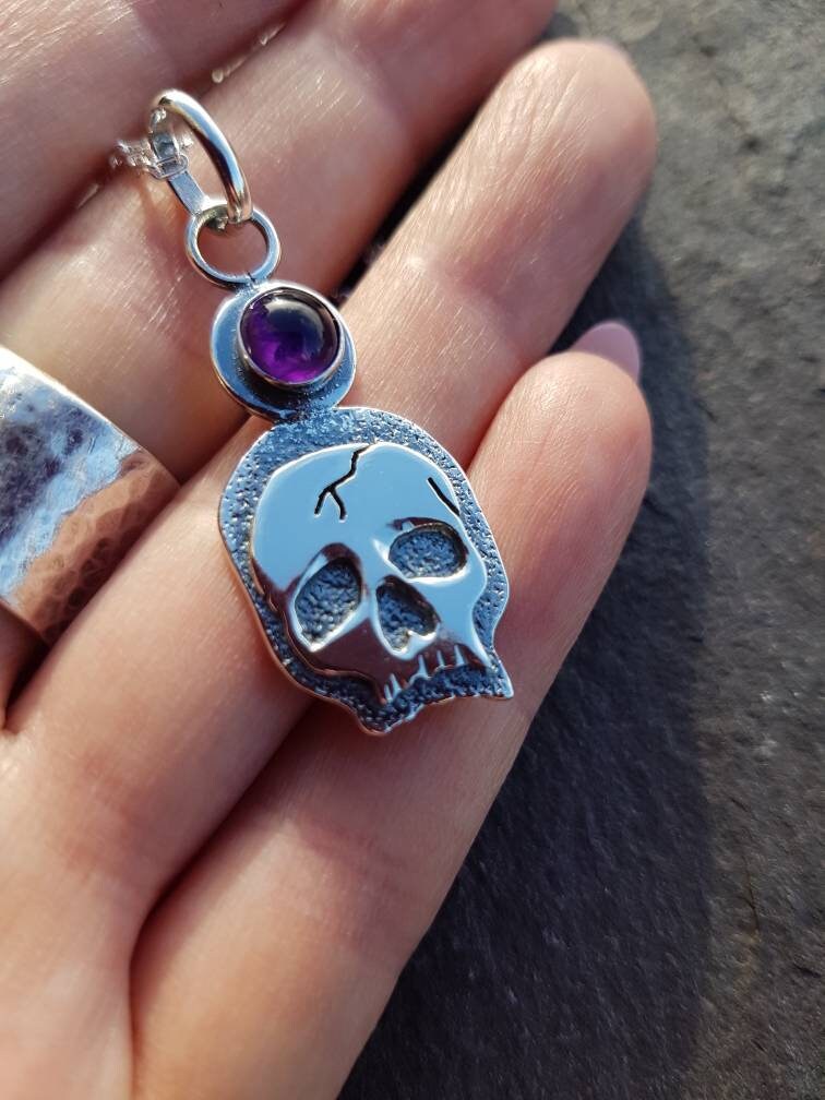 Silver Skull Necklace with textured layers and amethyst Sterling Skull pendant with silver chain