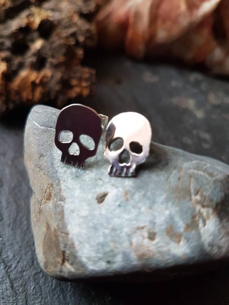 Silver skull stud post earrings , mismatched quirky skull earrings