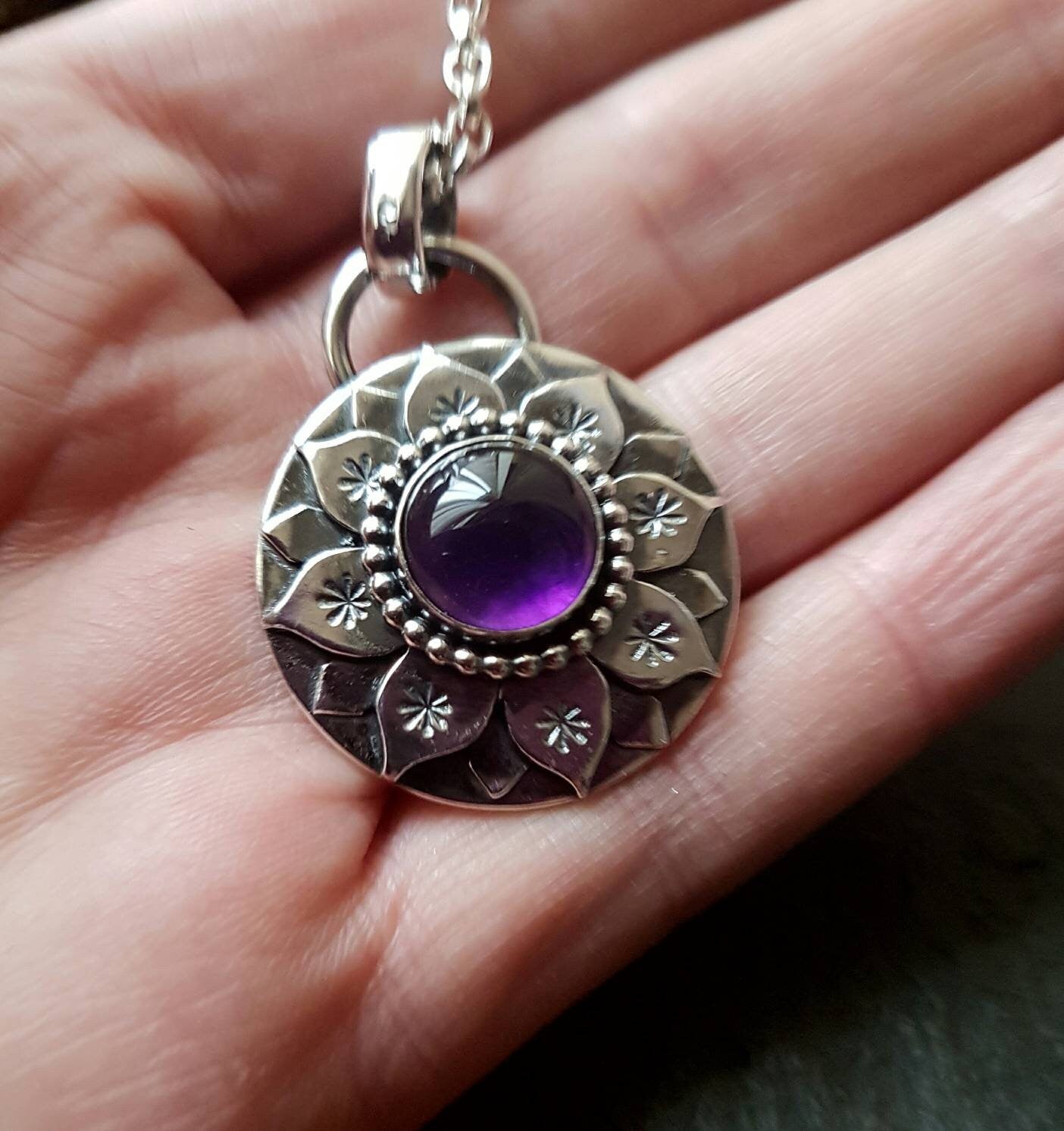 Silver Lotus necklace with Amethyst and little stars  handmade necklace Silver Water Lily Pendant