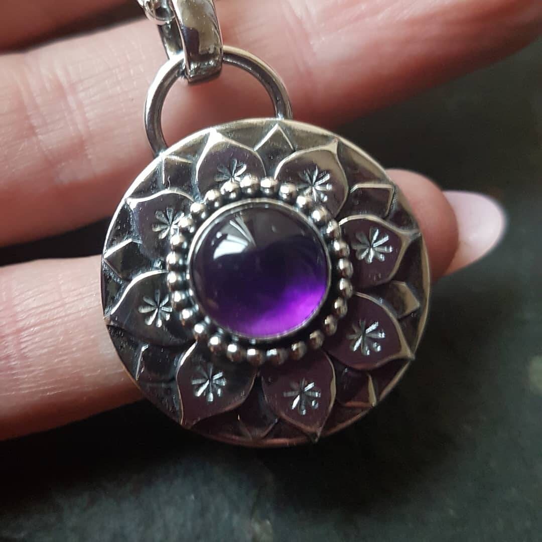 Silver Lotus necklace with Amethyst and little stars  handmade necklace Silver Water Lily Pendant