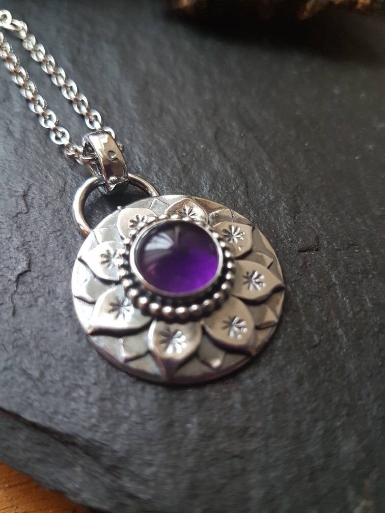 Silver Lotus necklace with Amethyst and little stars  handmade necklace Silver Water Lily Pendant