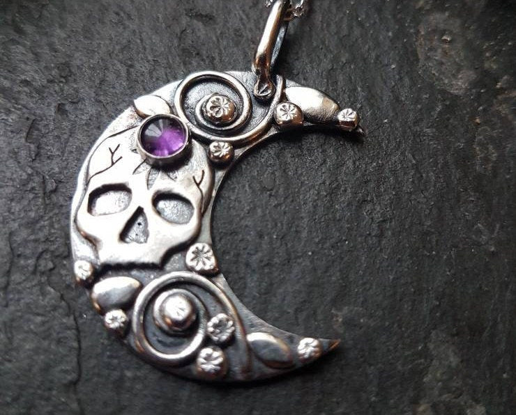 Silver skull and moon necklace with Amethyst and leaves and  flowers , day of the dead style pendant
