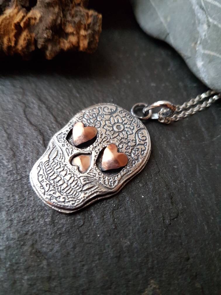 Silver Sugar Skull Necklace with textured etched layers and copper hearts Sterling Skull pendant with silver chain