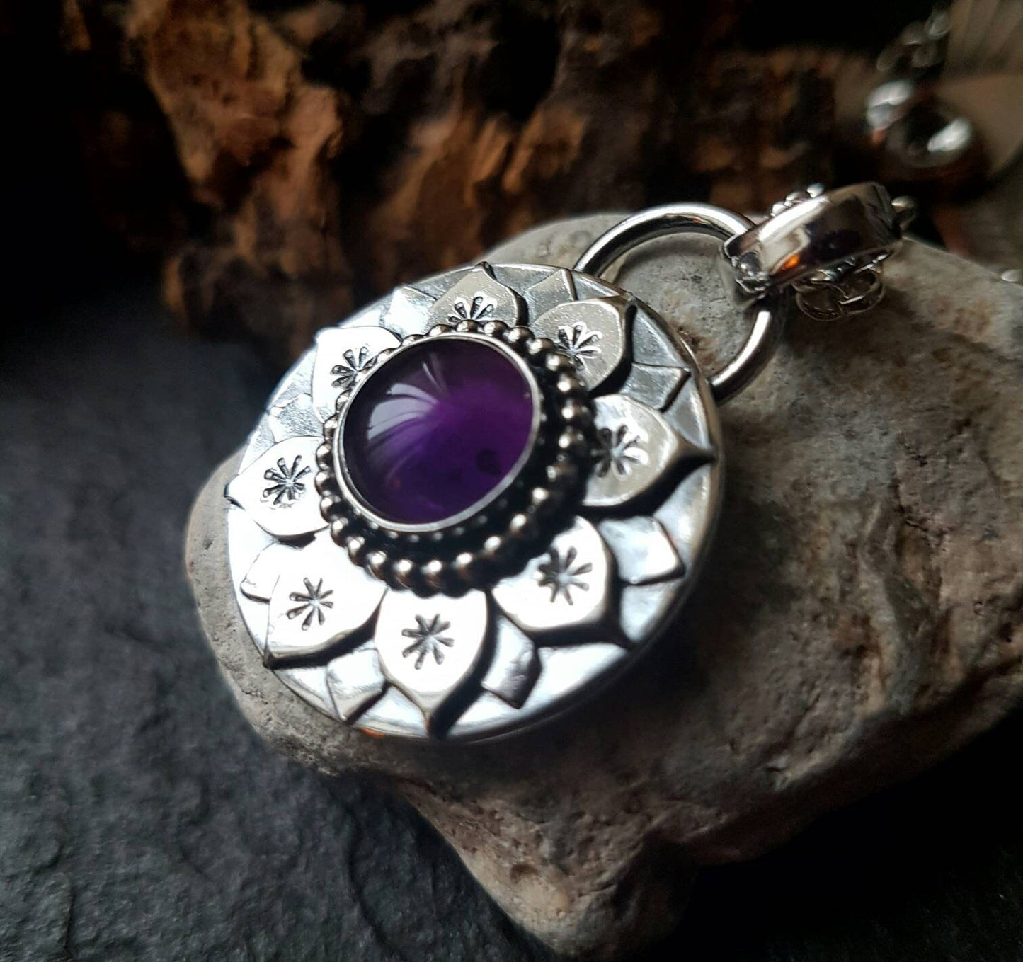 Silver Lotus necklace with Amethyst and little stars  handmade necklace Silver Water Lily Pendant