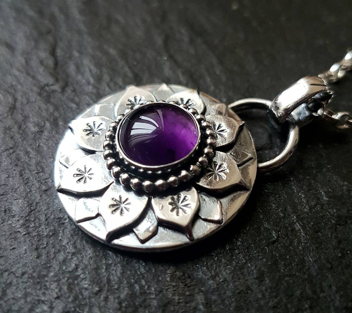 Silver Lotus necklace with Amethyst and little stars  handmade necklace Silver Water Lily Pendant