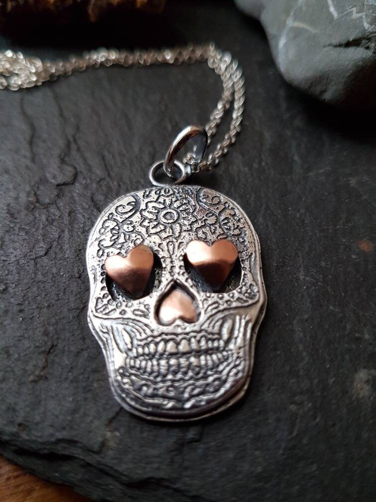 Silver Sugar Skull Necklace with textured etched layers and copper hearts Sterling Skull pendant with silver chain