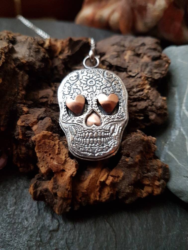 Silver Sugar Skull Necklace with textured etched layers and copper hearts Sterling Skull pendant with silver chain