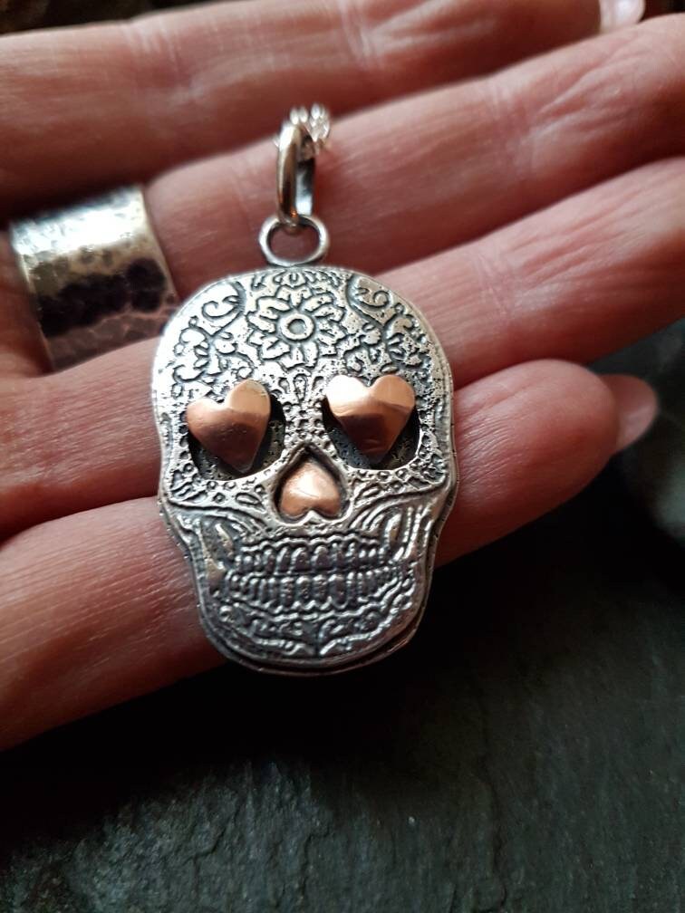 Silver Sugar Skull Necklace with textured etched layers and copper hearts Sterling Skull pendant with silver chain
