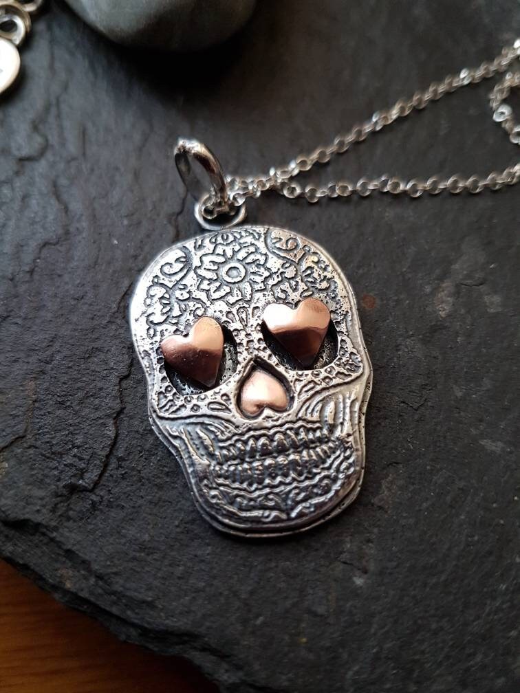 Silver Sugar Skull Necklace with textured etched layers and copper hearts Sterling Skull pendant with silver chain