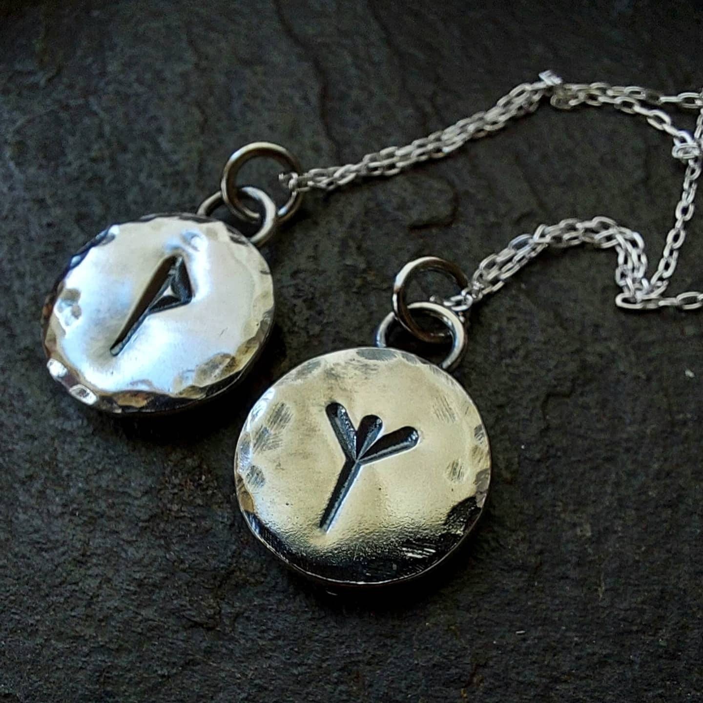 Silver rune charm necklace with hammered finish , chunky rune pendant
