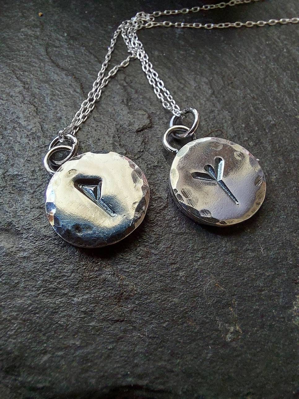 Silver rune charm necklace with hammered finish , chunky rune pendant