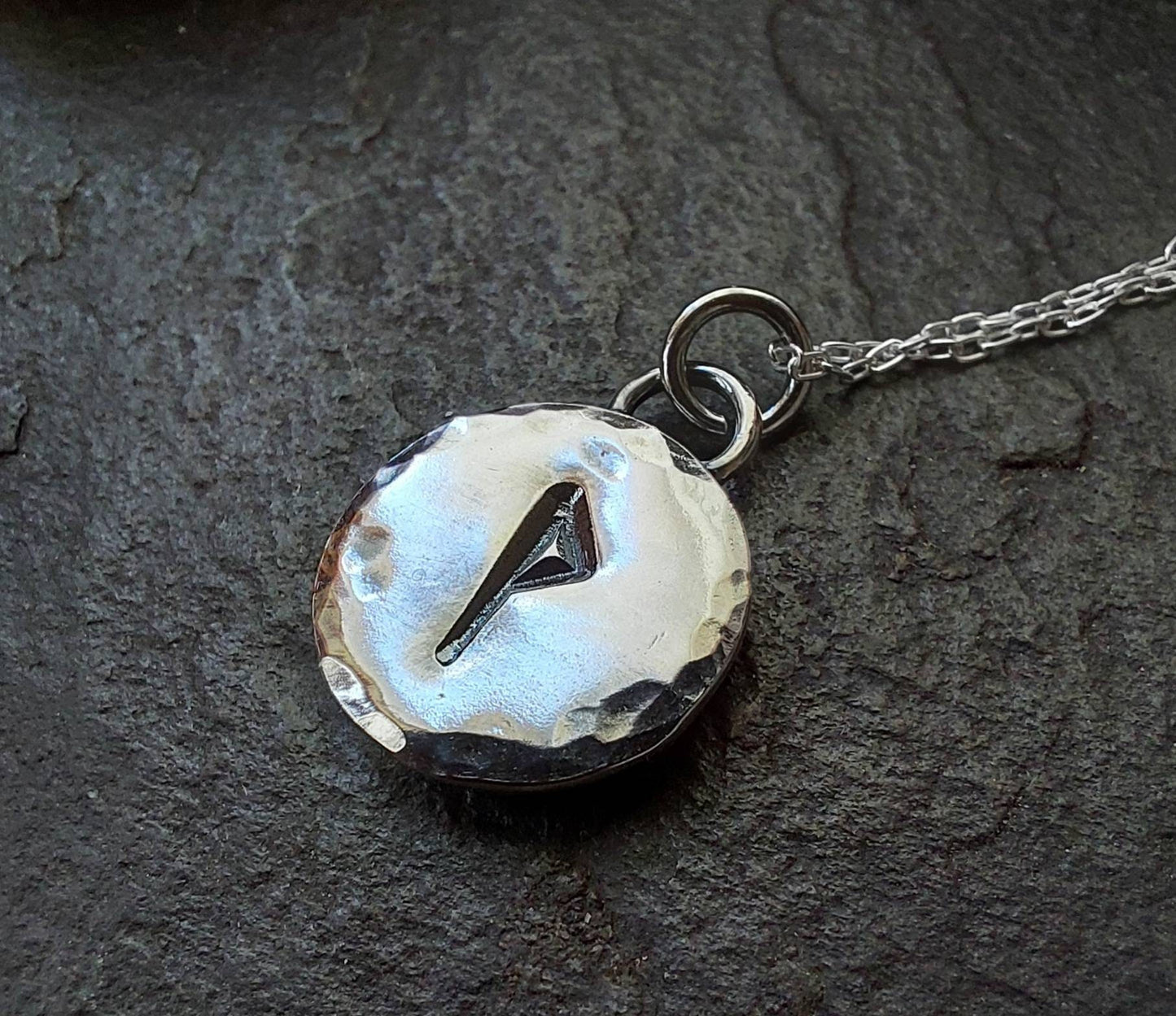 Silver rune charm necklace with hammered finish , chunky rune pendant