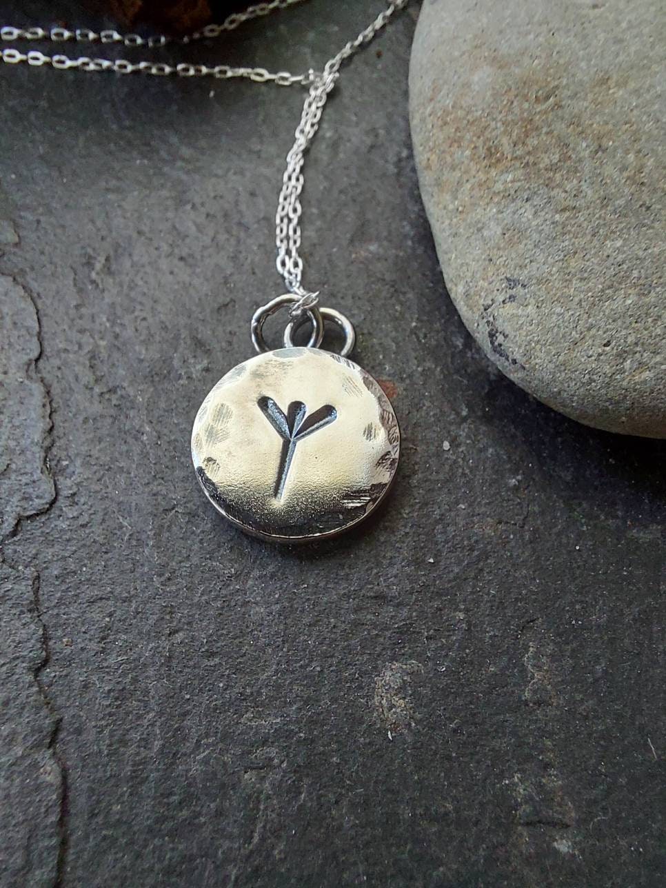 Silver rune charm necklace with hammered finish , chunky rune pendant