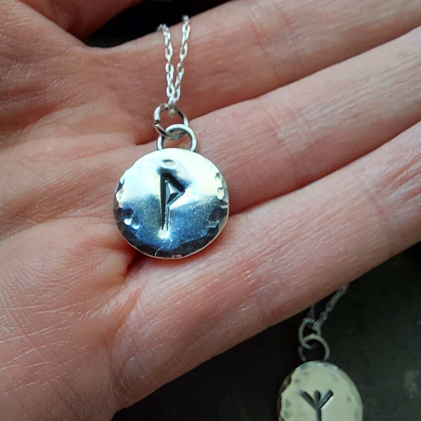 Silver rune charm necklace with hammered finish , chunky rune pendant