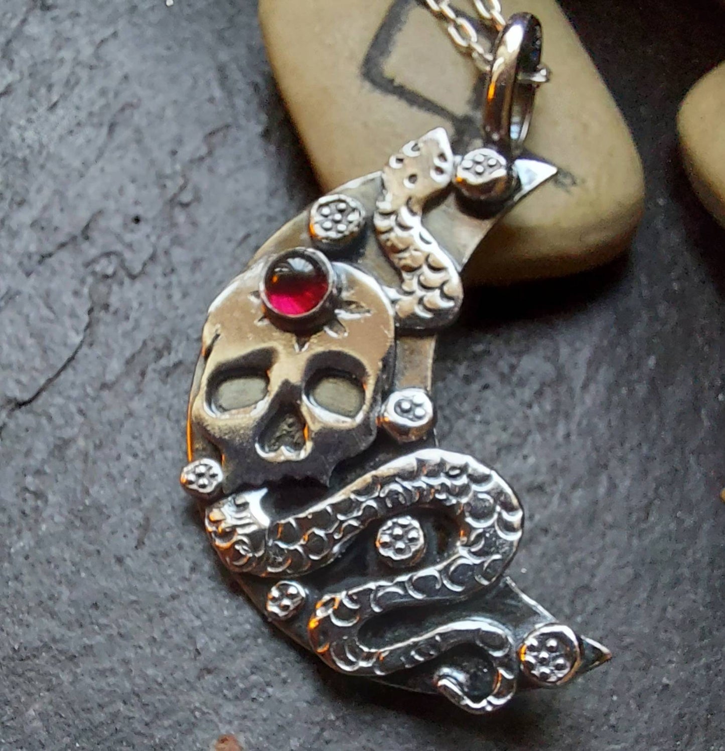 Silver skull and moon necklace with snake ,garnet and little flowers , day of the dead style pendant