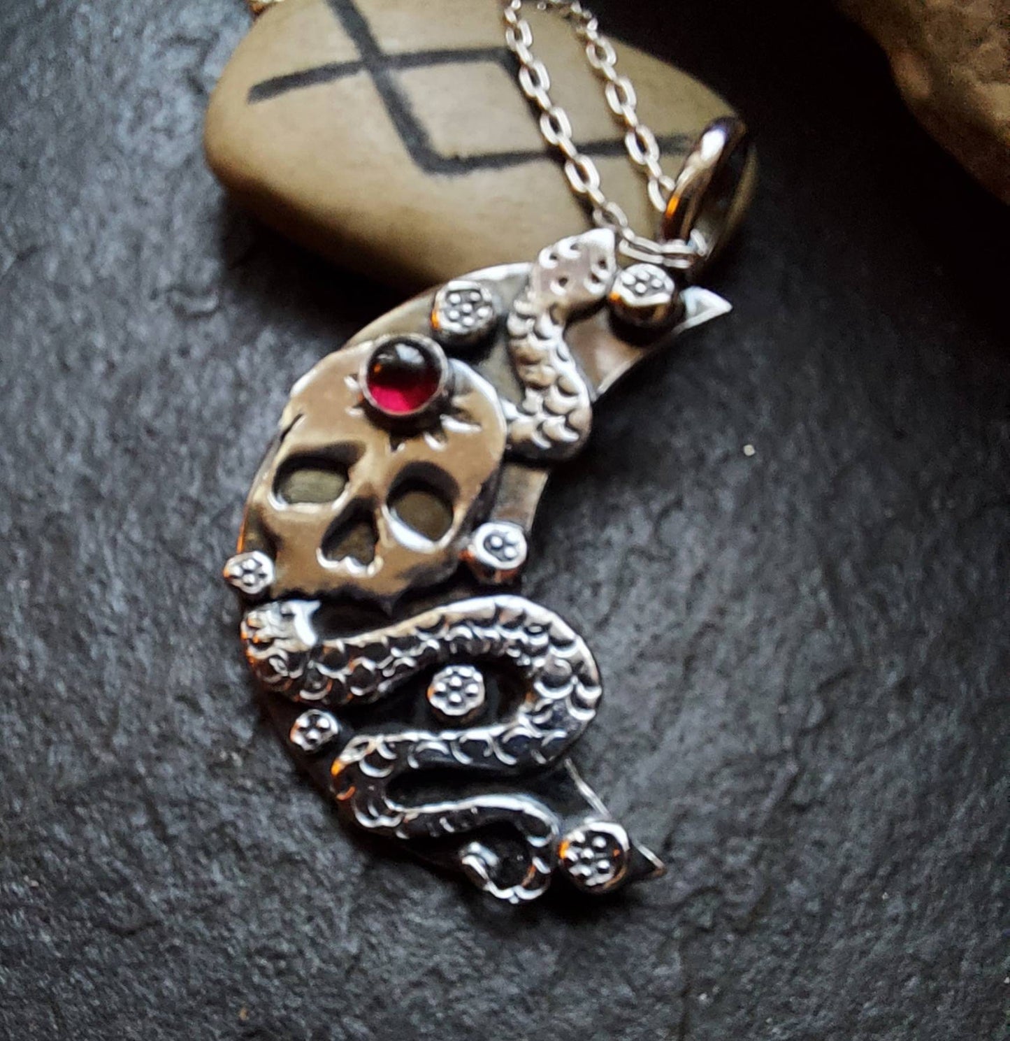 Silver skull and moon necklace with snake ,garnet and little flowers , day of the dead style pendant