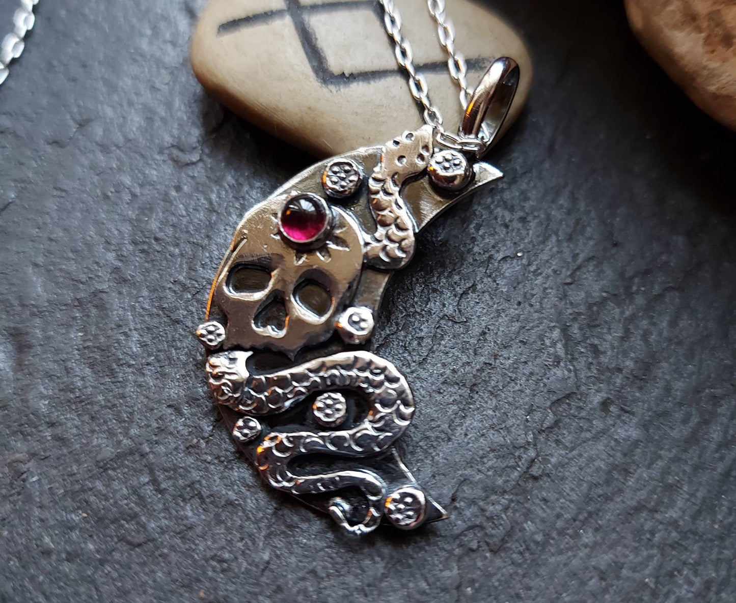 Silver skull and moon necklace with snake ,garnet and little flowers , day of the dead style pendant