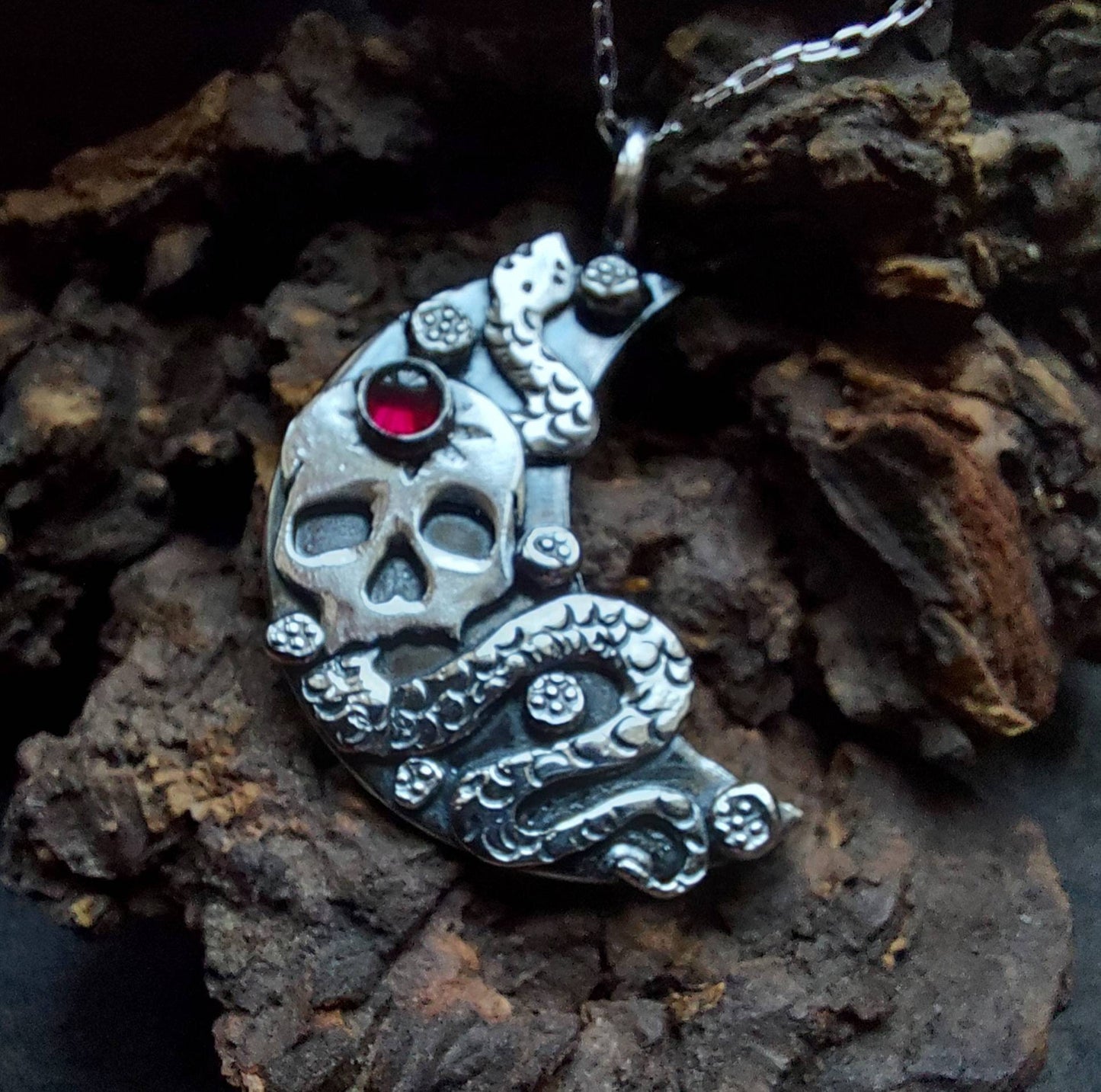 Silver skull and moon necklace with snake ,garnet and little flowers , day of the dead style pendant