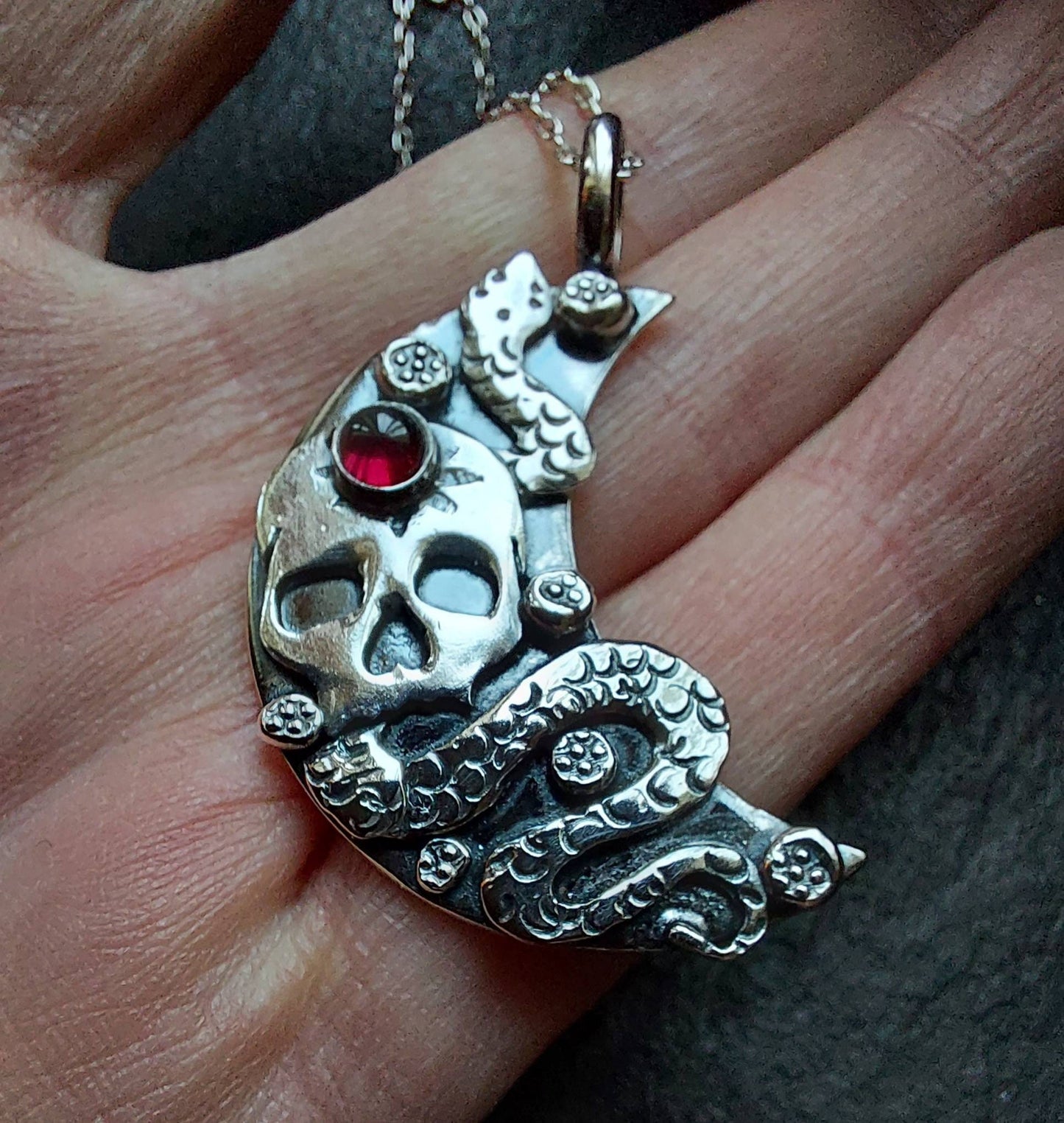 Silver skull and moon necklace with snake ,garnet and little flowers , day of the dead style pendant