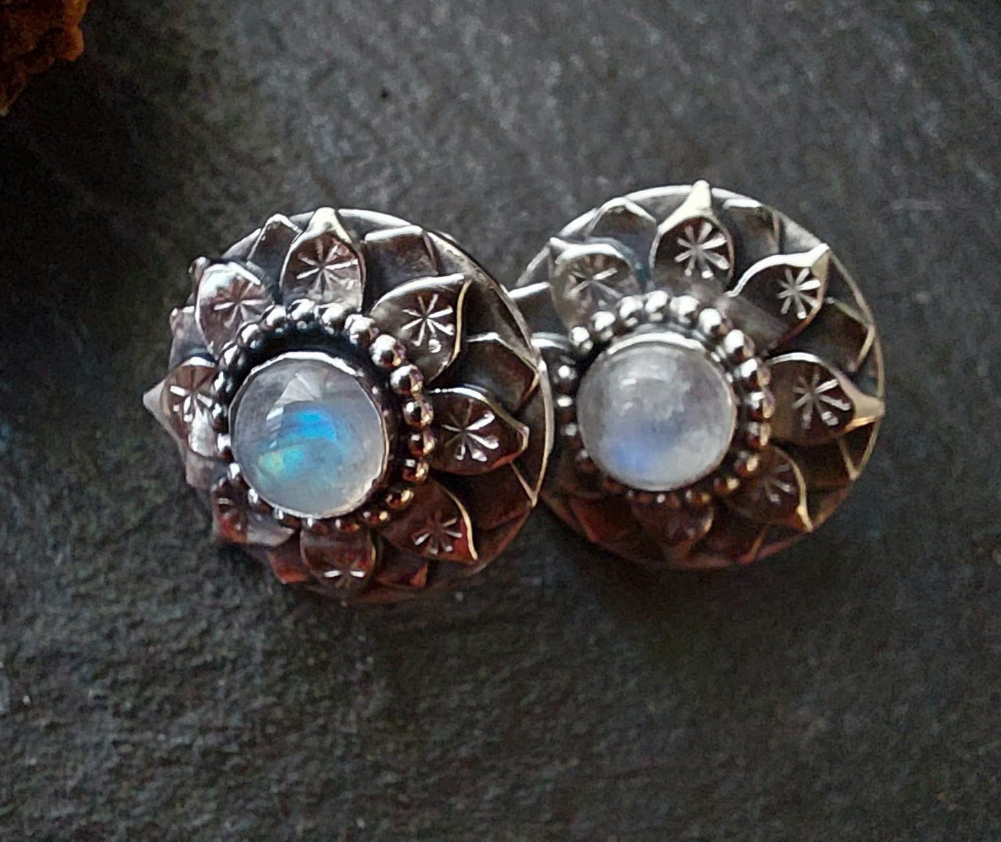 Silver Lotus post earrings  with moonstone Gemstone, handmade lotus earrings with gemstone
