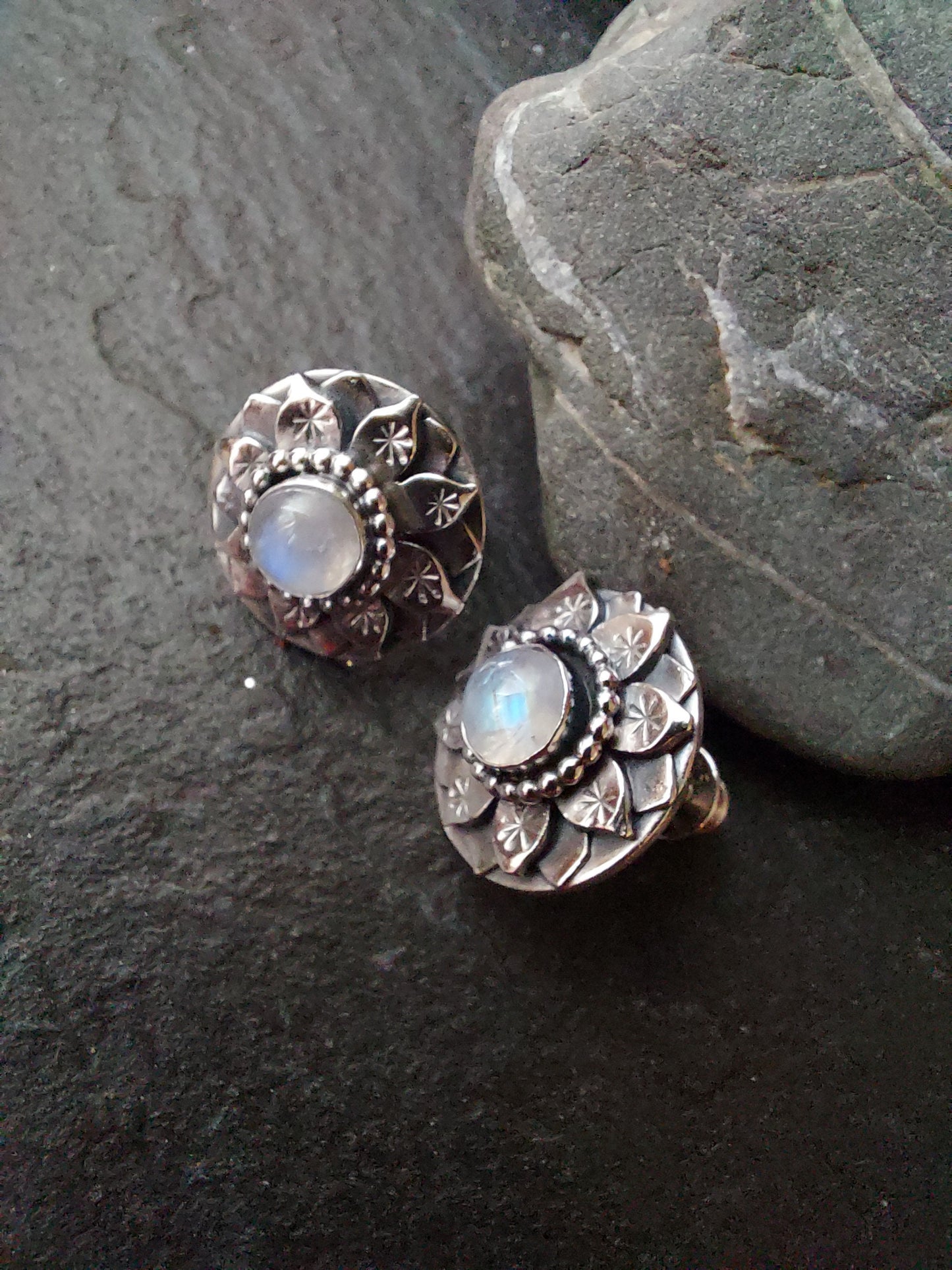 Silver Lotus post earrings  with moonstone Gemstone, handmade lotus earrings with gemstone