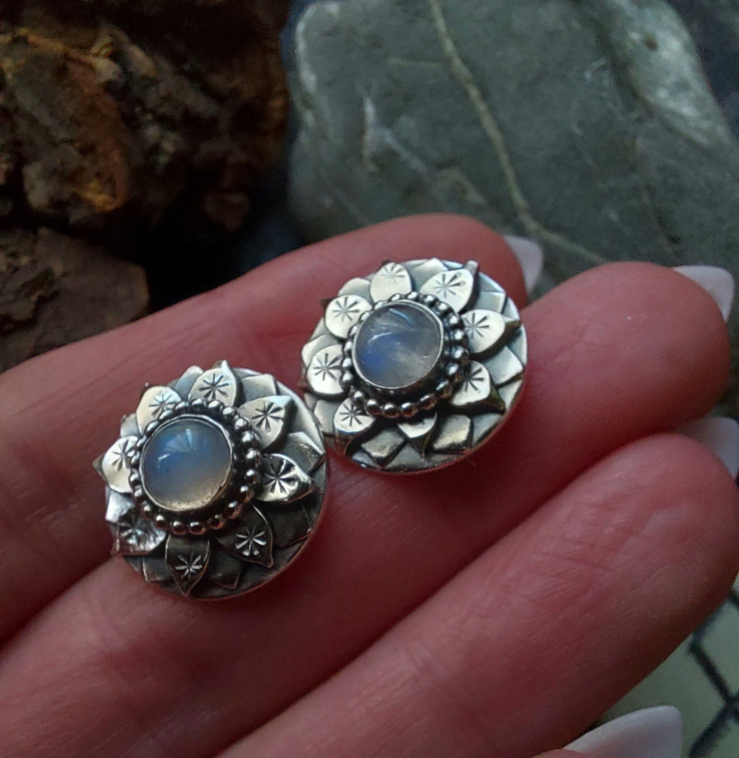 Silver Lotus post earrings  with moonstone Gemstone, handmade lotus earrings with gemstone