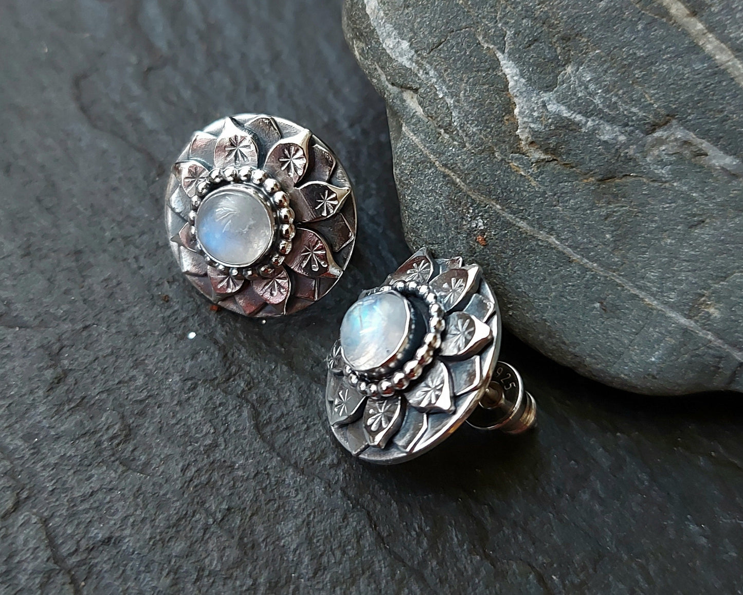 Silver Lotus post earrings  with moonstone Gemstone, handmade lotus earrings with gemstone